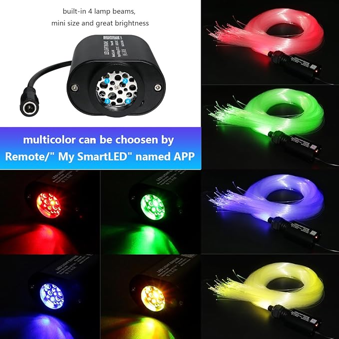 AMKI Mini 6W Starlight Headliner Kit 400pcs 0.03in 9.8ft,Twinkle+Sound Activated Fiber Optic Light 4Lamp Beam Starlight Box APP/Remote Control for Car Home Star Ceiling Decoration