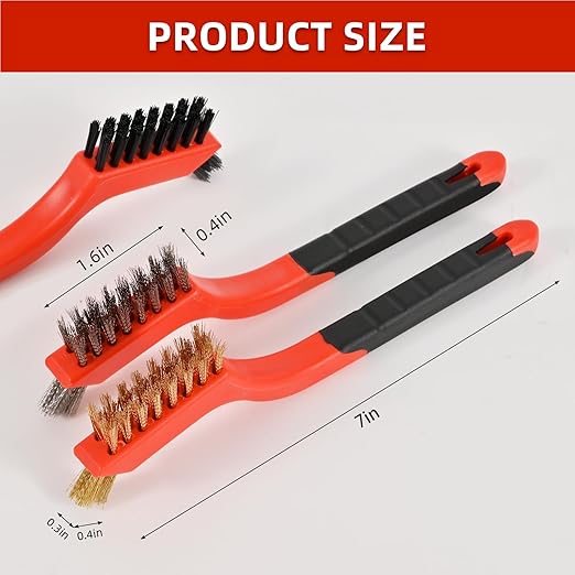 6pcs Wire Brushes for Cleaning Rust, Upgrade Wire Brush Set - Brass/Stainless Steel/Nylon Bristles, Small Metal Wire Brush with Curved Handle Grip, Wire Brushes for Paint and Stain, 7 Inches