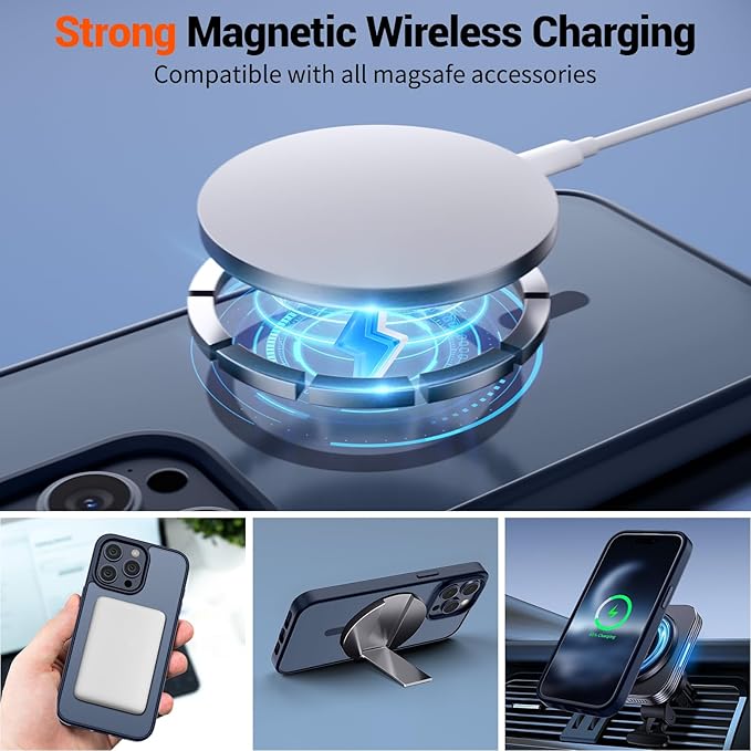 SUPFINE Magnetic for iPhone 15 Pro Case with Screen Protector (Compatible with MagSafe) (Military Grade Drop Protection) Translucent Matte Shockproof Phone Cover,Dark Blue