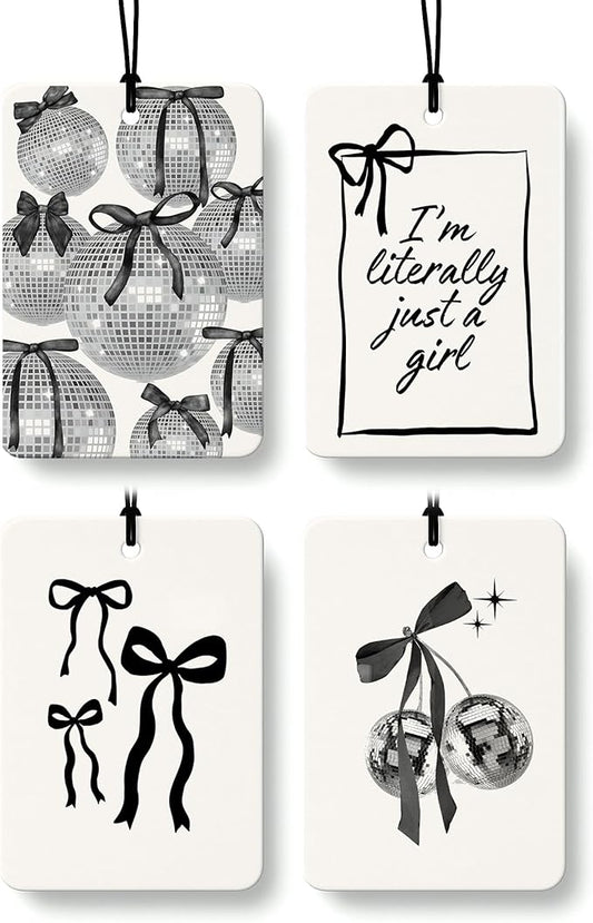 Retro Coquette Black Bow Cologne Car Air Freshener 4 Pcs, Preppy Girly Bow Disco Ball Hanging Air Freshener for Cars Bathroom Dorm Books Decor, Vintage Cute Accessories Gifts for Women Girls