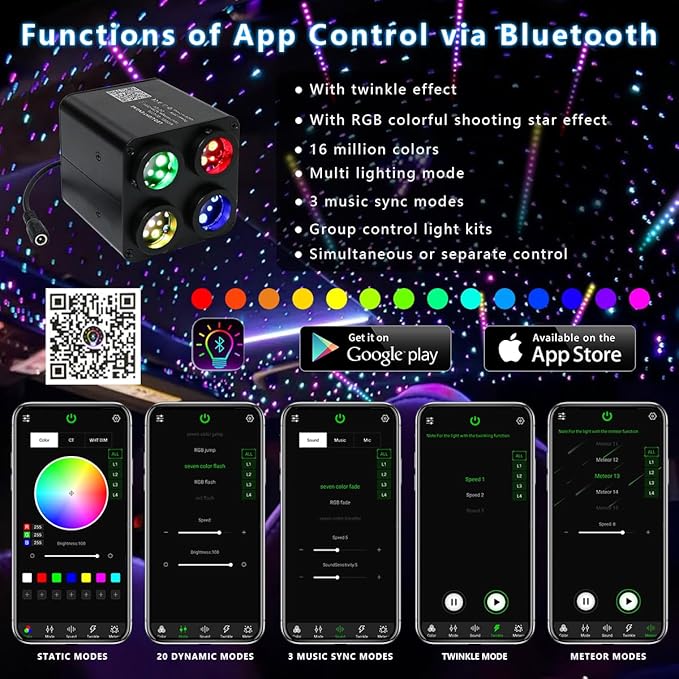 AKEPO 36W 4 Color Twinkle Fiber Optic Starlights Headliner Lights Kit, Optical Fibers Music Sync Bluetooth APP Control Starlight Kit, 1200pcs*13.1ft +240pcs Colorful Shooting Star