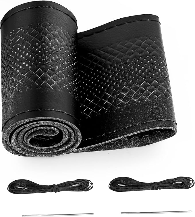 BELINOUS Leather Steering Wheel Cover Lace Up, Embossed Steering Wheel Wrap Fit for 13 3/4-16 Inch Car, Stitch on Wrap DIY w/Needle Thread (Size L4, Black)
