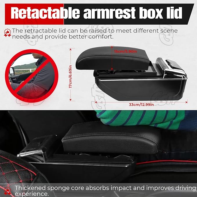 Center Console Armrest Compatible with Toyota Yaris iA Sedan 2017 2018 with 7 USB Port Cup Holder Double Layer Organizer Storage Box (All Black)