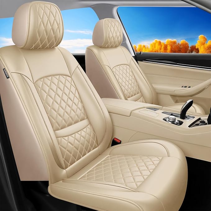 Santa Fe Seat Covers Custom Fit for Hyundai Santa Fe 2007-2026 (Only 5-Seat Version) - Full Set Premium Leather, Waterproof, All-Weather, Airbag Compatible, Car Seat Protectors (Beige)