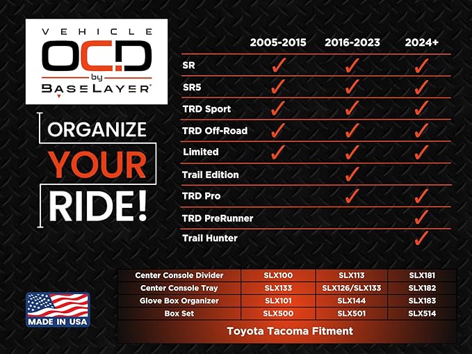 Vehicle OCD - Center Console Organizer Tray for Toyota Tacoma (2005-2015) and (2016-2023) - Made in USA - SLX133