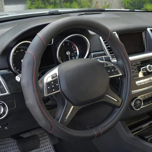 Motor Trend GripDrive Faux Black Leather Steering Wheel Cover for Car Truck Van SUV, Standard 15 inch Size, Red Accent Stitched Car Steering Wheel Cover Vehicle & Auto Accessories