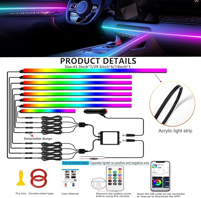 Interior Car LED Strip Lights,Acrylic LED Lights for Car with Dynamic Dreamcolor Chasing,235 inches 8 in 1 RGB Neon Strip Fiber Optic Ambient Lighting Kits with Remote APP, for Inside car Decorations