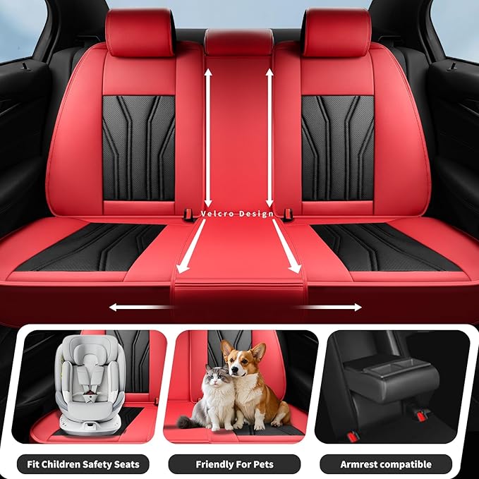 Fit Kicks Car Seat Covers， Compatible with Nissan Kicks 2018-2026 -Premium Leather, Waterproof Breathable All-Weather Seat Cushion Protector Airbag Compatible（2 Seats Front Pair，Red & Black