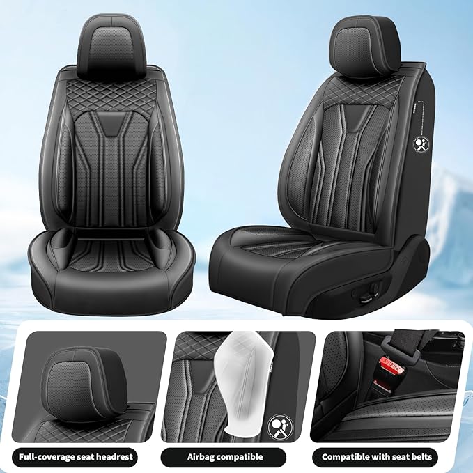 Fit Leaf Car Seat Covers Compatible with Nissan Leaf 2012-2025 2026 - Premium Leather， Waterproof Breathable， All-Weather Seat Cushion Protecto&Airbag Compatible (2 Front Seat All Black)
