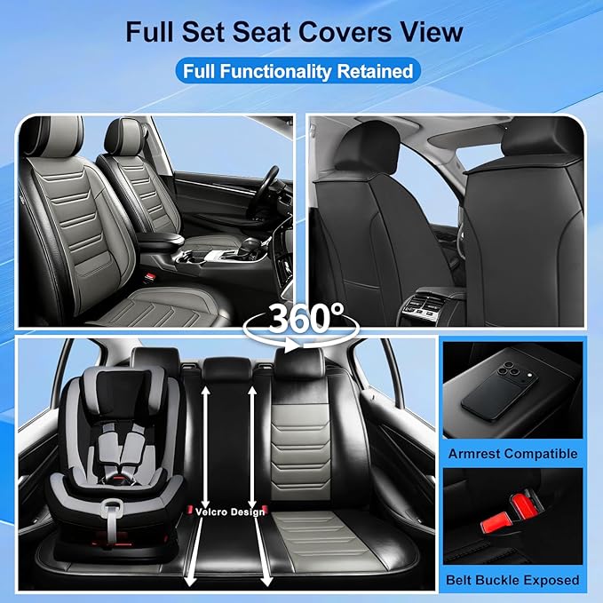 Fit Impala Car Seat Covers for Chevrolet/Chevy Impala 2000-2020, Premium Full Coverage Leather, Airbag Compatible, Waterproof All Weather Breathable Seat Protector, Front Pair Black+Gray