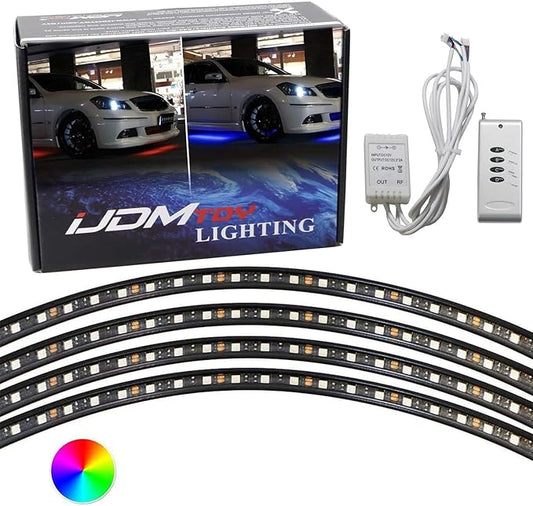 iJDMTOY Universal Fit 4pc Set 7-Color RGB Color Changing LED Under Car Glowing Accent Lighting Kit w/Adjustable Setting