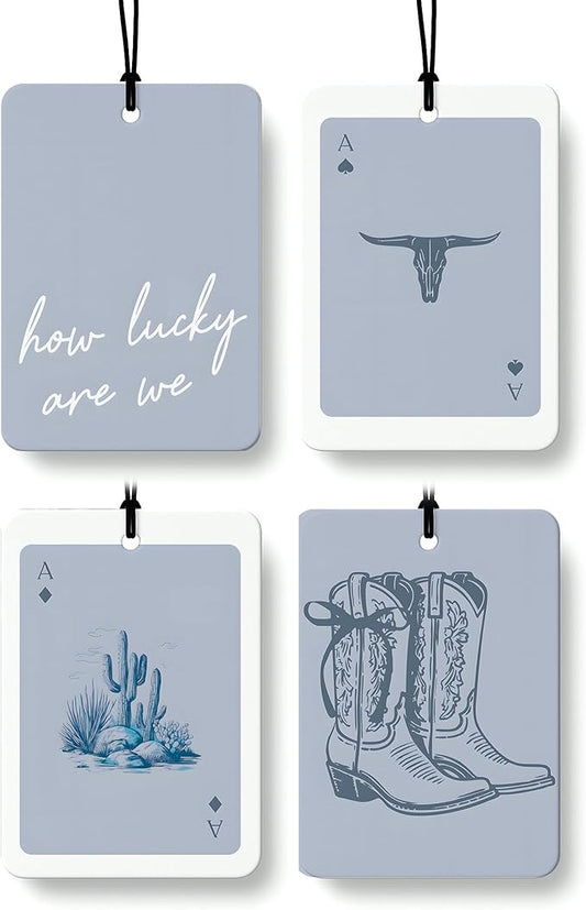Boho Blue Western Car Air Freshener 4 Pcs, Preppy Cowgirl Cow Skull Cactus Ace Card Hanging Air Freshener for Cars Closet Drawer Books, Cute Western Car Accessories Mirror Decor for Women