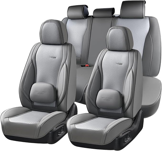 Coverado Car Seat Covers Full Set, Gray Seat Covers for Cars, Waterproof Nappa Leather Automotive Seat Covers with Lumbar Head Pillow, Car Seat Protectors, Universal Fit for Most Cars SUV