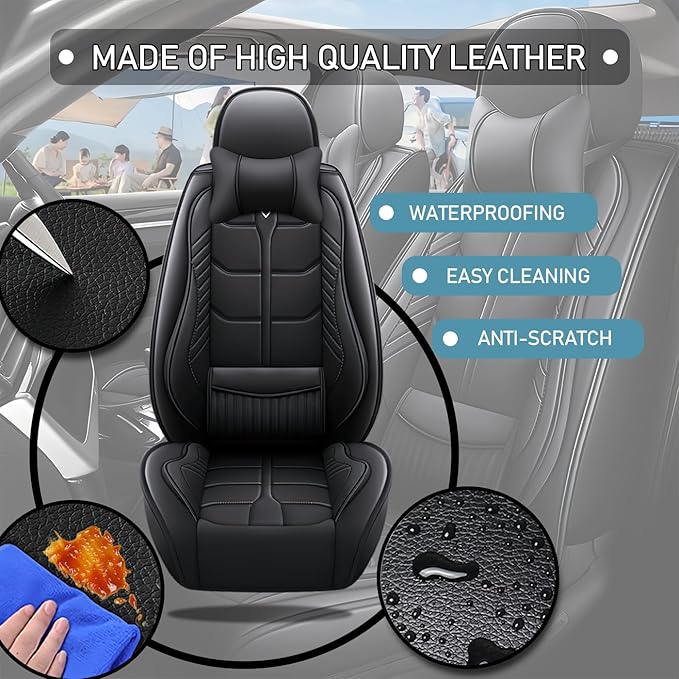 Leather Car Seat Covers Fit for Toyota Highlander Hybrid 2006-2024, 5 Seater Car Seat Cover, Premium Waterproof, Scratch Resistant Car Interior Accessories (Full Set with Pillow Black)