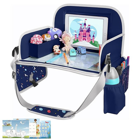 MENZOKE Car Seat Tray for Kids with Educational Drawing Board, Tablet Holder & Cooler Cup Holder, Essential for Car Travel & Airplane Trips, Space Pattern Design, Dark Blue