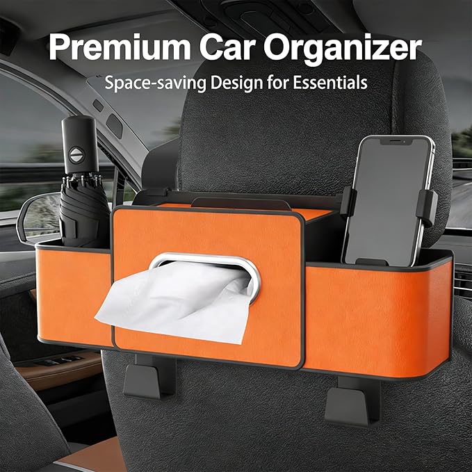 Multifunctional 3‑in‑1 Car Seat Back Storage Box Organizer with Cup Holders, Tissue Box Slot & Headrest Hooks – Backseat Car Organizer for Phones, Snacks, Drinks, Bags, Travel Storage (Orange)