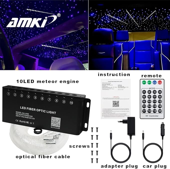 AMKI 100pcs*0.04in*9.8ft Pure White Shooting Stars Effect Fiber Optic Lights Kit,10Holes LED 5W Meteor Light Engine with Bluetooth+RF Remote Control 20 Meteor Modes