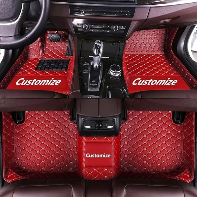 Customize Making Car Floor Mats for 99.99% Sedan SUV Pickup Truck Full Coverage Men Women Cute Leather Protection Pads Non-Slip Floor Liners (Red Beige Thread)