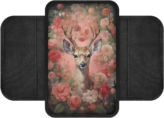 Deer and Floral Print Car Armrest Cover Comfortable Car Armrest Storage Box Mat Wear-Resistan Car Armrest Cover Cushion Car Interior Accessories Protector