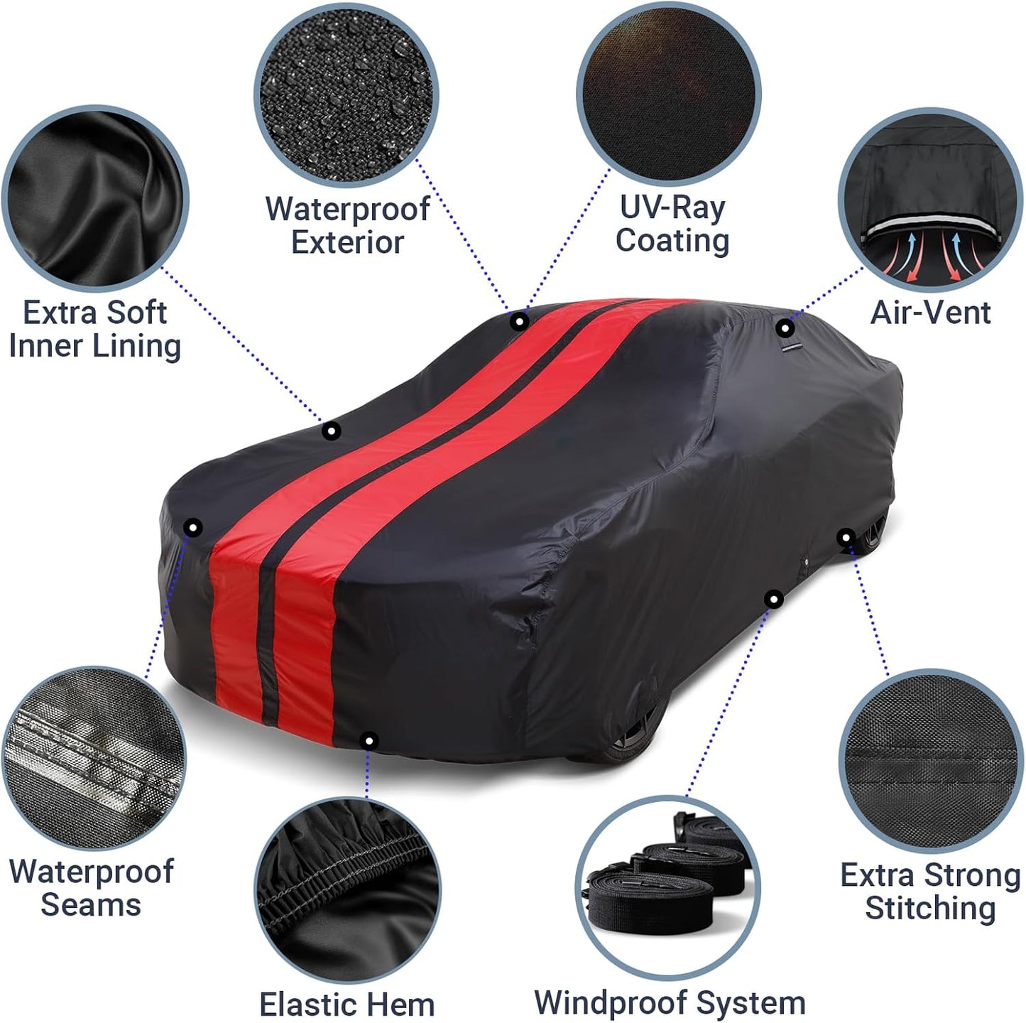 iCarCover Custom Car Cover for Pontiac Lemans 2-Door, 4-Door (1963-1969) Waterproof All-Weather Rain Snow UV Sun Protector Full Exterior Indoor Outdoor Car Cover (Stripe - Black/Red)