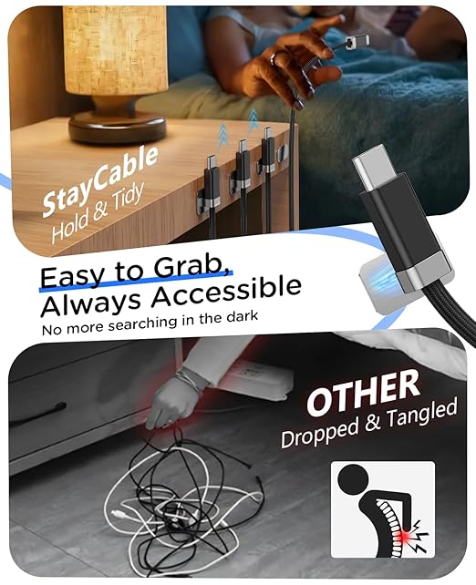 Magtame USB A to USB C Cable 5FT, StayCable with Built-in Magnetic Holder for Nightstand/Desk/Car, Type C Fast Charging Anti-Fall Cord with 2 Adhesive Metal Plates, Braid USB Data Cable for iPhone 17