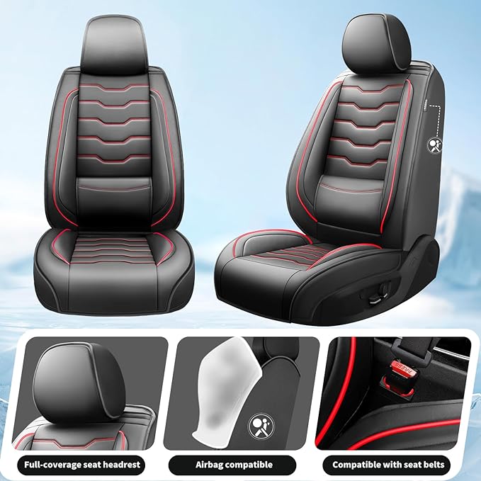 Fit Prius Car Seat Covers for Toyota Prius 2001-2025 2026 -Full Set Premium Leather, Waterproof, Breathable，All-Weather Seat Cushion Protecto & Airbag Compatible, 5-Seats Red Line Black