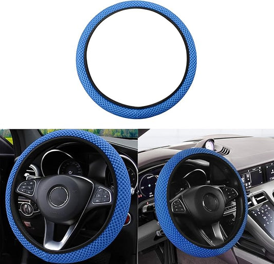 Elastic Stretch Car Steering Wheel Cover, Comfortable Steering Wheel Cover Universal for 14.5-15 Inch, Warm in Winter & Cool in Summer, Anti-Slip Breathable Ice Silk (Blue)