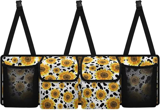 Sunflower Cow Car Trunk Organizer Backseat Cargo Storage Bag with Elastic Net Collapsible Pouch SUV, Truck, MPV Car Accessories