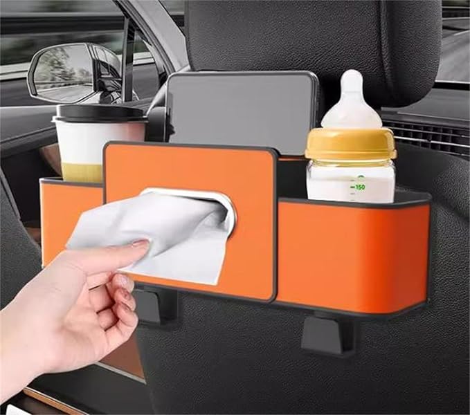 Car Organizers and Storage Box Behind Seat, Car Organizer Back of Seat, 4 in 1 Multifunctional Cars Organizer, For Snacks, Drinks, Bag Hook, Keep Tidy & Organized (Orange+Black)