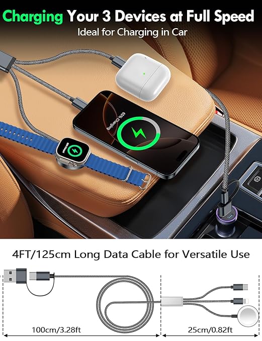 Travel Essentials for Apple Watch Charger,iPhone Charger,3 in 2 Type C/L/Magnetic Fast Charging Cable,Multi Charging Cable Portable Designed for iWatch Series,iPhone 17-11,Galaxy S26-S21,Car-4FT