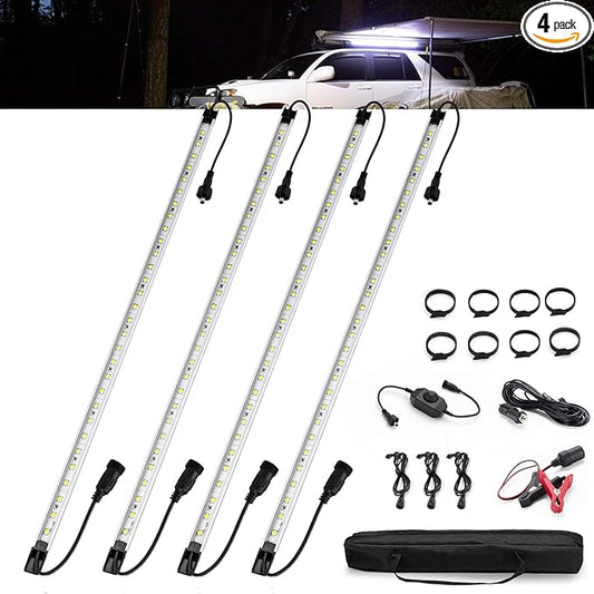 FIERYRED 12V Interior Light Bar Kit, Dimmable Camping Lights, Weatherproof IP67, Aluminum Magnetic Mount with Dimmer Switch, Portable Lights for Camping Tent Awning RV Car Trailer Boat (4 Pcs, White)