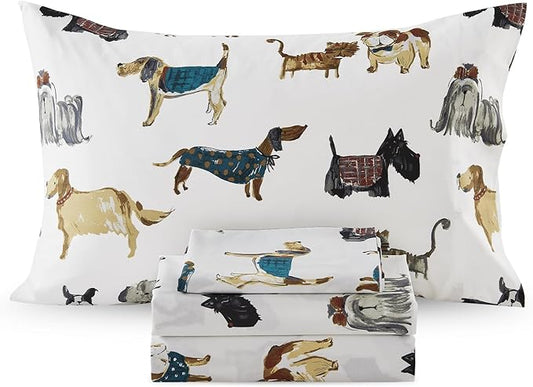 Ivellow Twin Sheets Set Kids 100% Natural Cotton Sheets Soft Breathable Lightweight Percale Bed Sheets 16" Deep Pocket Cartoon Dog Puppy Patterned Sheets Kids Twin Bedding Toddler Teen Dorm Essentials