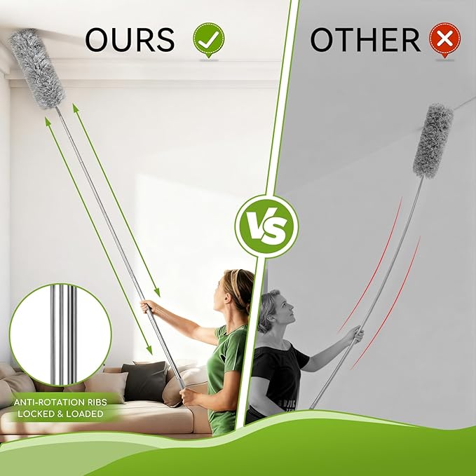 8-Piece Microfiber Feather Duster Set with Extension Pole (16.1" to 100"), Extendable Cobweb & Ceiling Fan Duster for Cleaning Cobweb, Ceiling Fan, Blind, Furniture