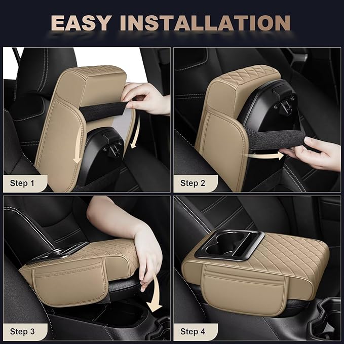Center Console Cover Fit for Highlander Faux Leather Car Armrest Cushion with Storage Bags, Cup Holder ＆ Phone Storage Multifunctional Middle Console Cover(Beige)