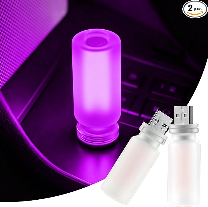 iFunyLED Car Interior USB LED Night Light, Portable Touch dimmable Car Ambient Lighting Kit, Retro Mini Frosted Glass Bottle Lamp Decorations for Vehicle Camping Bedroom Hallway, Pack of 2(Purple)