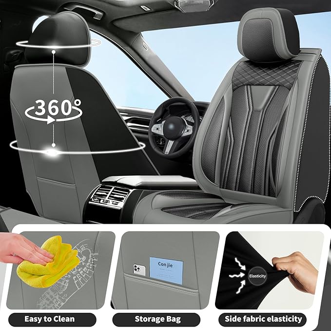 Fit Prius Car Seat Covers for Toyota Prius 2001-2025 2026 -Premium Leather, Waterproof Stain-Resistant, Breathable，All-Weather Seat Cushion Protecto & Airbag Compatible, 2 Front Seat Gray
