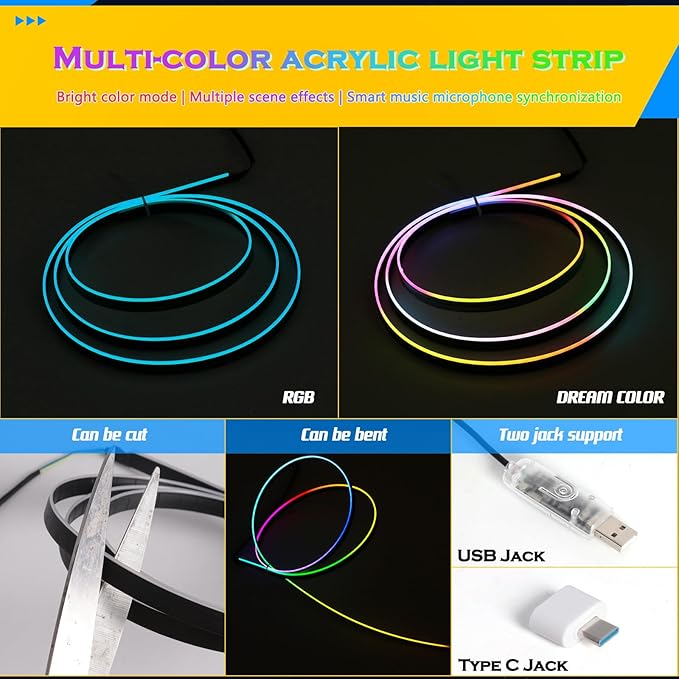 Dreamcolor Interior Acrylic Car Light Strip, Car LED Strip Light with APP Control 47 Inches Fiber Optic Ambient Lighting Kits, Multi-Modes Sound Sync Neon Lights