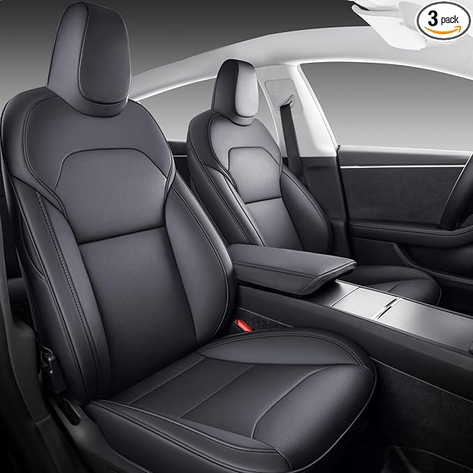 Front Seat Covers for 2025–2026 Tesla Model Y Juniper, Nappa Leather Custom Fit Front Row 2-Piece Set, Airbag Compatible Car Interior Seat Cushion Covers, Black, 2-Pack