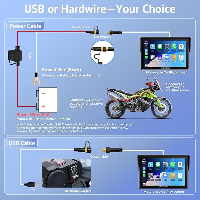 5" Motorcycle CarPlay Wireless for Apple CarPlay & Android Auto,W522 Car Play Motorbike Waterproof Touch Screen with Dual Bluetooth,GPS Navigation,Siri/G-Assist,EQ,USB/Hardwired Power Supply