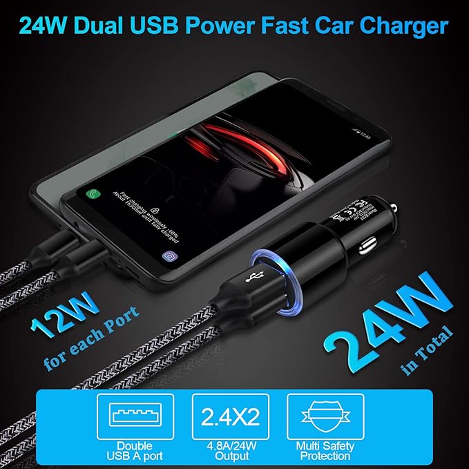 Car Charger, 3Pack 4.8A Rapid Car Phone Charger - USB Cigarette Lighter for iPhone 15 14 13 12 11 Pro Max SE XR XS X 8 7 6, Samsung Galaxy S23 S22 S21 S20 A13 A32 S10 S9 S8 S7, Android