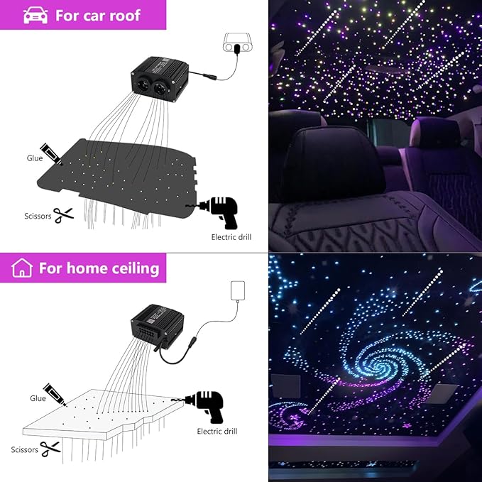 AZIMOM Dual Color 700pcs 0.03in 9.8ft Twinkle Fiber Optic Starlight Headliner+ Pure White Meteor 240pcs Shooting Star, Sound Mode APP& Remote Control 2 in 1Starlight Meteor Kits for Car Home Ceiling