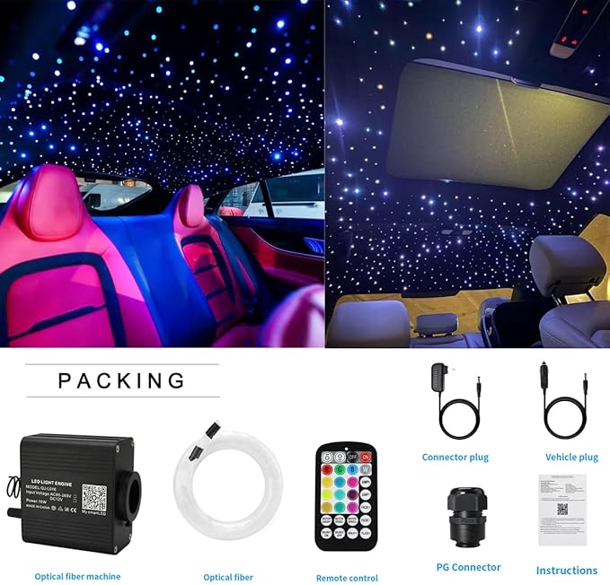AZIMOM 16W Twinkle & Sound Activate 600pcs*0.03in*9.8ft Fiber Optic Starlight Headliner Kits for Car Home Star Ceiling Sky Decoration, APP& Remote Control Light Engine End Glow Fiber