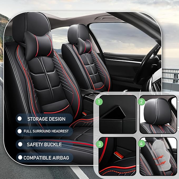 Leather Car Seat Covers Fit for Toyota Tacoma 2005-2024, 5 Seater Car Seat Cover, Premium Waterproof, Scratch Resistant Car Interior Accessories (Full Set with Pillow Black Red)