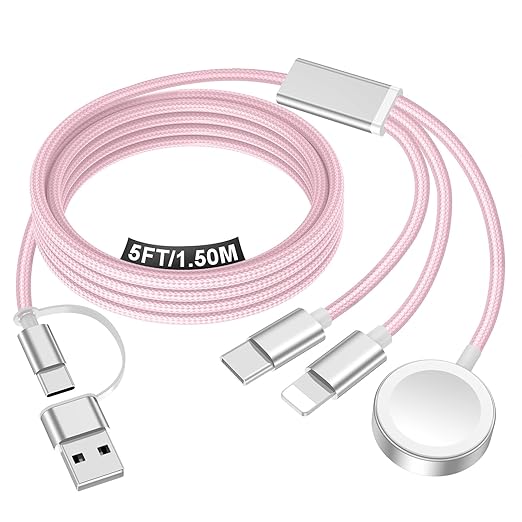 Travel Essentials for Apple Watch Charger,iPhone Charger,3 in 2 Type C/L/Magnetic Fast Charging Cable,Multi Charging Cable Portable Designed for iWatch Series,iPhone 17-11,Galaxy S26-S21,Car-5FT