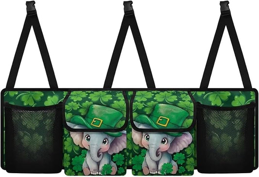 Cute Elephants Trunk Organizer St. Patrick Day Green Leaves Car Back Seat Organizer,4 Compartments,Backseat Hanging Organizer for Women Men