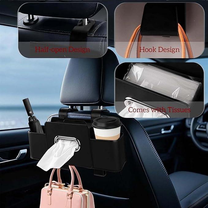 3-in-1 Car Backseat Organizer, 2026 Upgraded Multifunctional Car Seat Back Storage Box, Backseat Car Organizer with 2 Cup Holders, Tissue Box & Hooks, Universal Car Essentials (2Pack A)