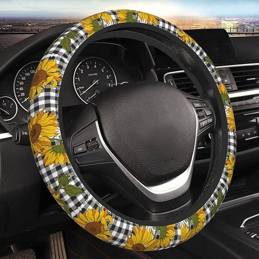 Checkered Sunflowers Steering Wheel Cover Women Men Elastic Stretch Soft Car Wheel Protector Universal Breathable No-Slip Car Accessories for Truck Van SUV Auto Fit 14-15 Inches