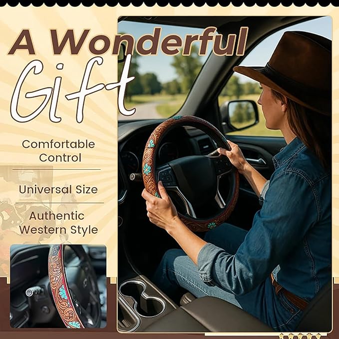 Western Steering Wheel Cover, Color Printed Embossed Hand-Painted Leather Western car Parts, for Women Man, Anti-Slip Design Easy to Install, for Trucks SUVs Cars (Style 4)