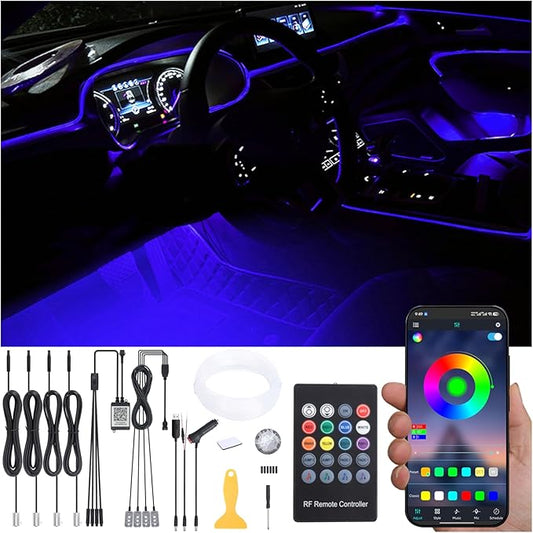 Car Ambient Lighting 64 Colors Multicoloured Music Optic Fiber RF Remote Controller + APP Control Car DIY Decorative Atmosphere Lighting Kit DC 12V 1W 5m