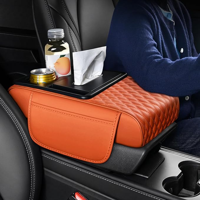 Car Center Console Armrest Pad, Arm Rest Box Cushion with Ergonomic Height Boost, Storage Pockets, Built-in Tissue Box, Cupholder, Fit for Most Sedan Vehicles (Embroidery Water Ripple, Grey)
